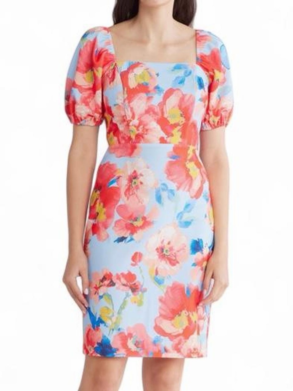 Eliza J Coral Floral Puff-Sleeve Square-Neck Sheath Dress on Light Blue